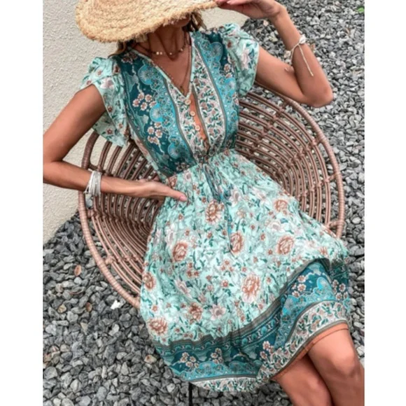 Boho floral print V neck ruffle hem dress - Picture 2 of 6